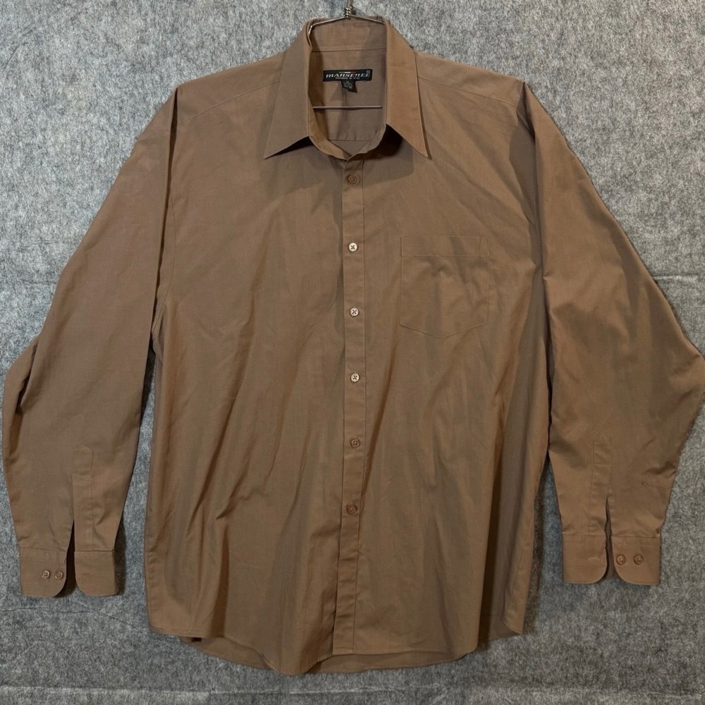 Mansenee Button Down Shirt Mens XL (17-17.5) Long Sleeve Poly Cotton Brown Solid